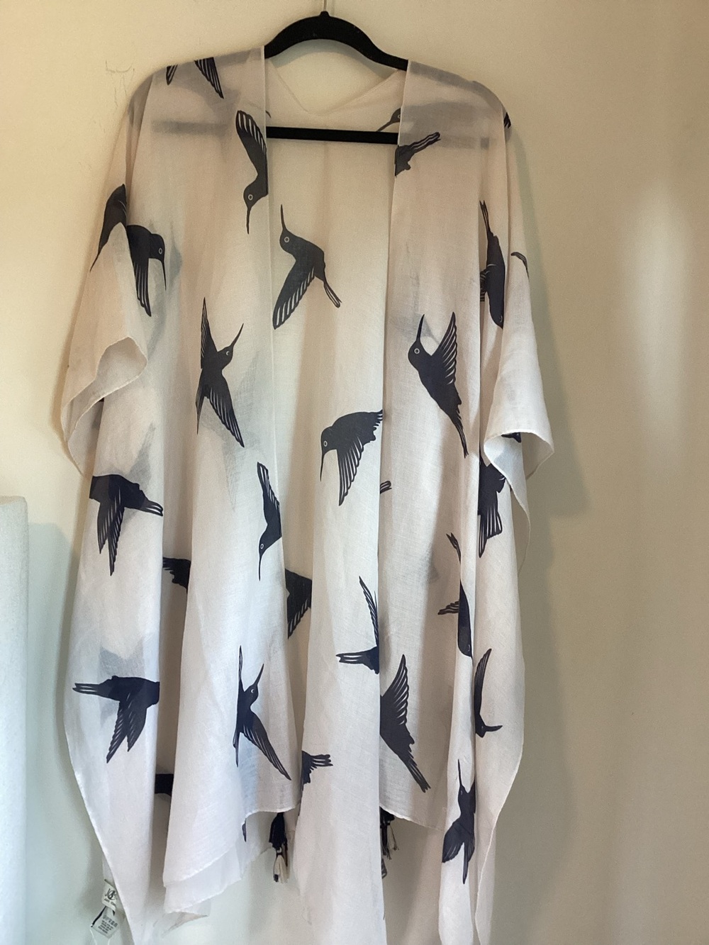 JC Sunny Hummingbird Kimono Cover-Up Beige Black Tassels One Size Cotton NWT